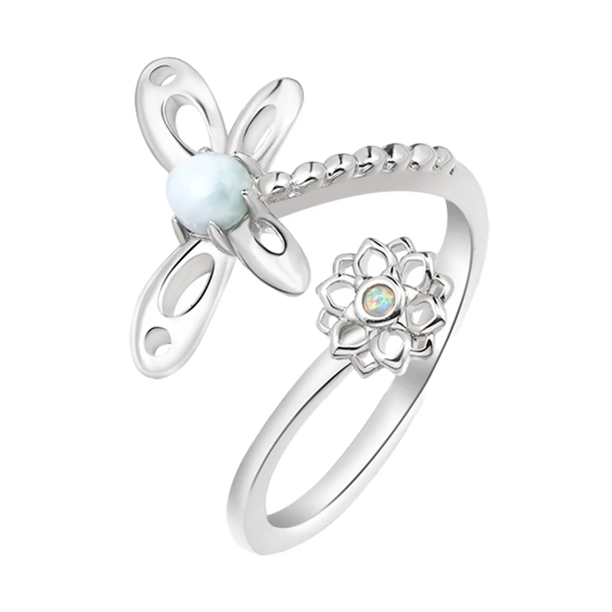 

Elegant Rhodium-Plated Copper Ring with Larimar Stone - Trendy Fashion Jewelry for Women