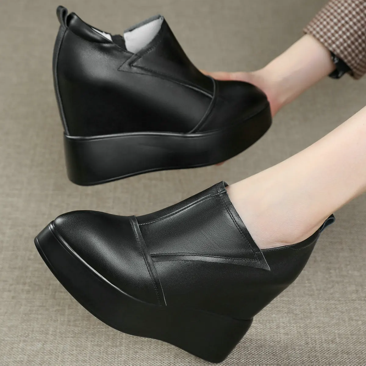 

2024 Wedges Vulcanized Shoes Women Genuine Leather High Heel Ankle Boots Female Pointed Toe Platform Pumps Shoes Casual Shoes