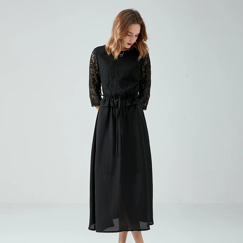 Large Women Dresses A-line Chiffon Dress Spring and Autumn Dress New Waist Stitching False Two-piece French Oversize Lace Dress