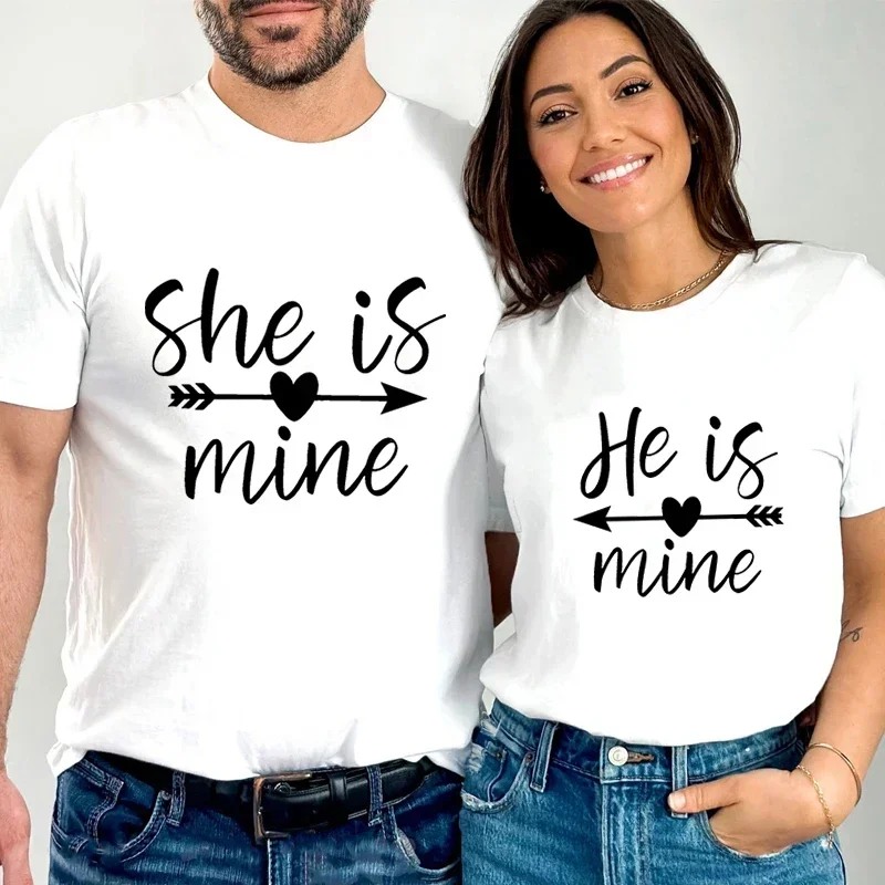 Couple Matching Shirt She Is Mine He Is Mine Tshirt Women Men Short Sleeve  Season Harajuku Fashion Male Female Honeymoon Tops