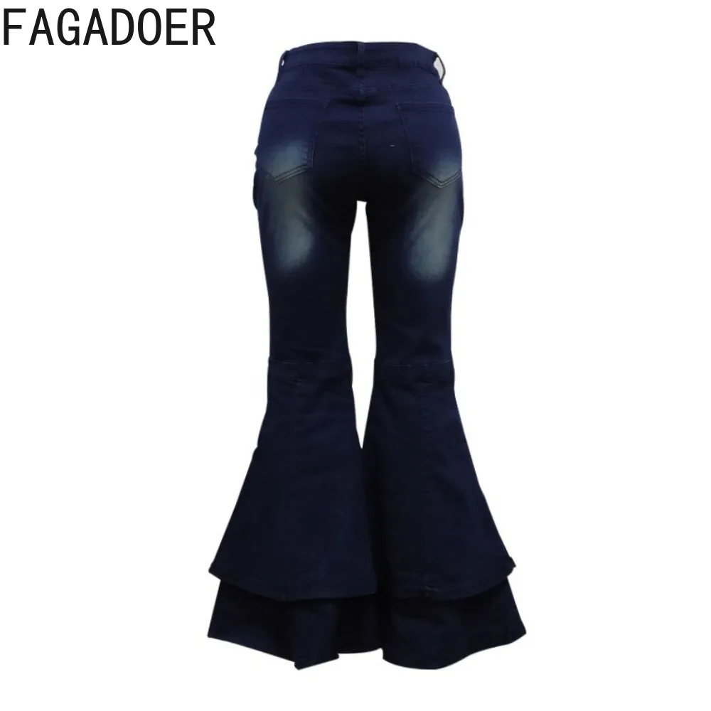 FAGADOER Fashion Washed Denim Pleated Flare Pants Women High Waisted Button Loose Wide Leg Jeans Trousers Female Cowboy Bottoms