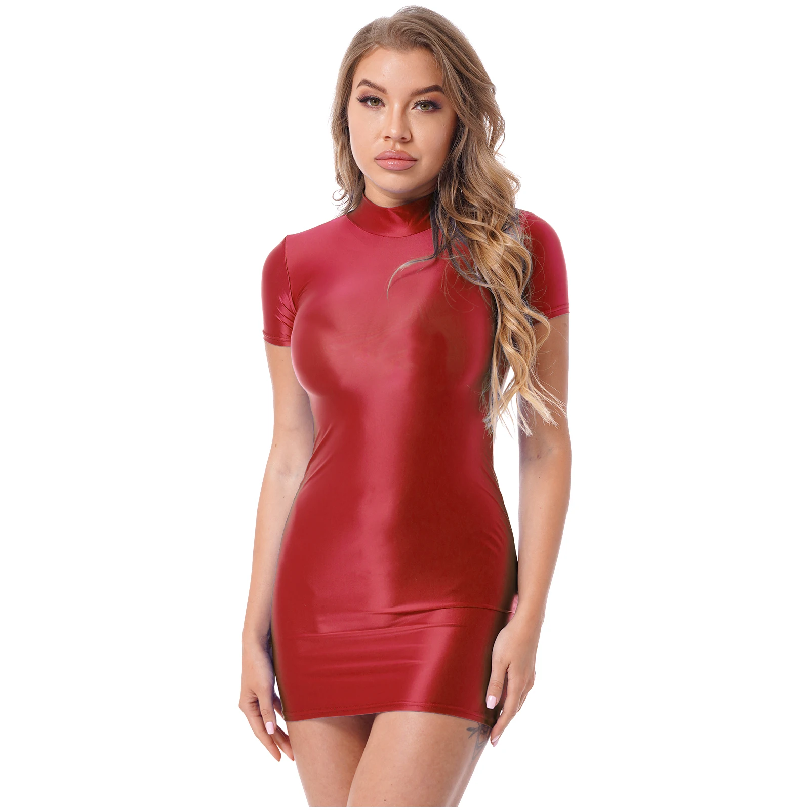 

Women Fashion Mock Neck Mini Dresses Slim Fit Mini Dress Rave Clubwear for Pole Dancing Ladies Glossy Short Sleeve Bodycon Dress