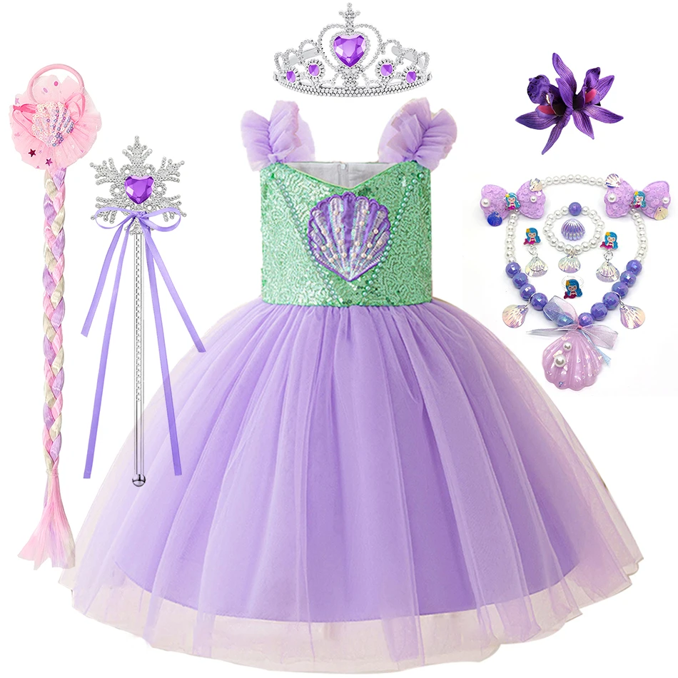 

Платье принцессы для девочек, карнавальный костюм Диснея Русалочки Ариэль с жемчугом и блестками, пышные тюлевые платья, нарядное платье для вечеринки на Хэллоуин