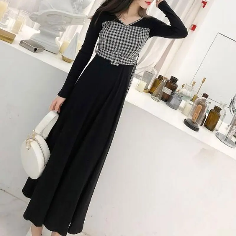 Patchwork V Neck Long Sleeve Fake Two Pieces Dresses Elegant Fashion Harajuku Female Clothes Loose Casual Sweat All Match Skirt