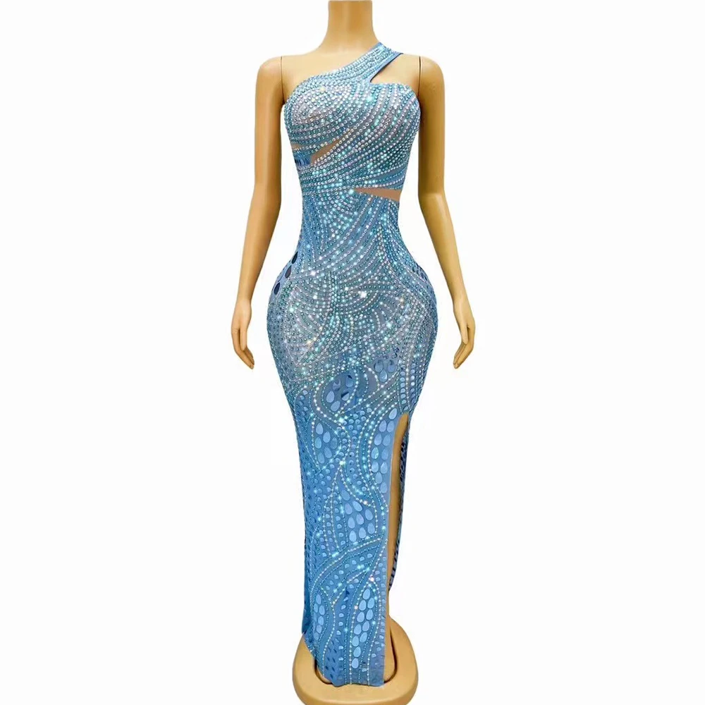 Sexy Stage Luxury Shining Rhinestones Seashell Sequins One shoulder Dress Women Birthday Evening Cocktail Party Photoshoot Gown