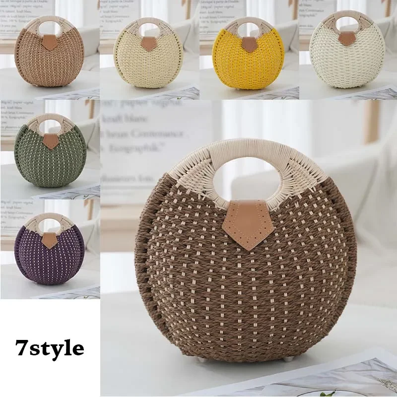 

Natural Rattan Handwoven Round Shell Handbag Summer Bohemia Top Handle Tote Beach Bag Women Fashion Casual Handmade Straw Purse