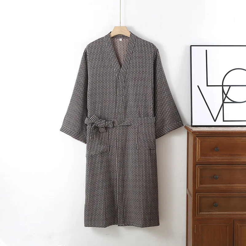 

Spring Autumn Men Plaid Robe 100% Cotton Kimono Men Top Quality Bathrobe Male Chinese Style Men's Casual Sleep Kimono Robe