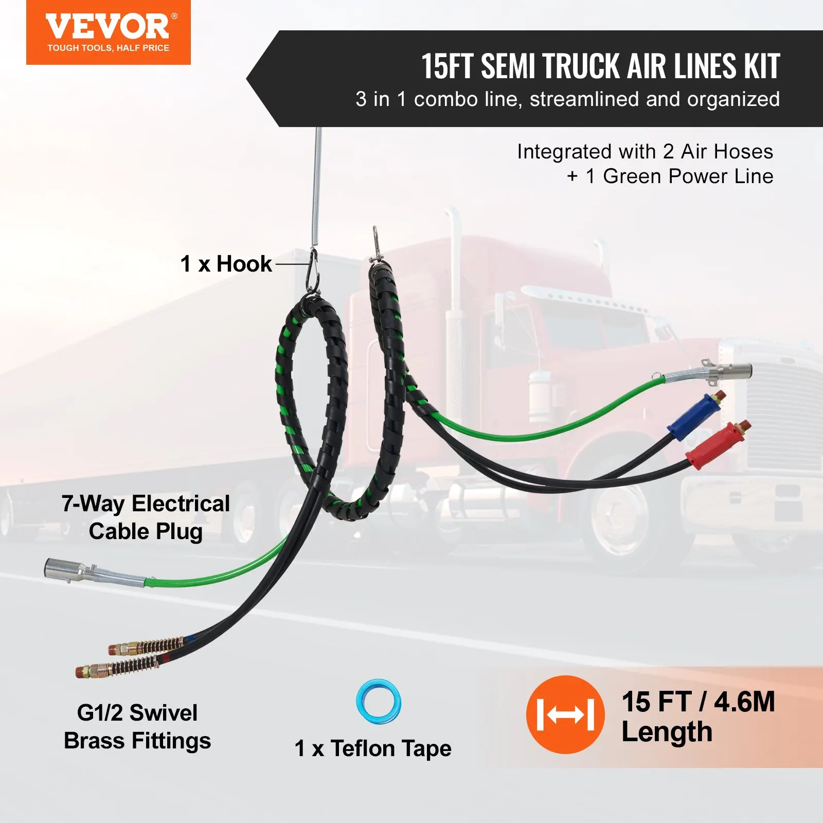 

12FT Semi Truck Air Lines Kit, 3-in-1 Air Hoses & ABS Power Line For Semi Truck Trailer Tractor, 7-Way Plug Electrical Cord