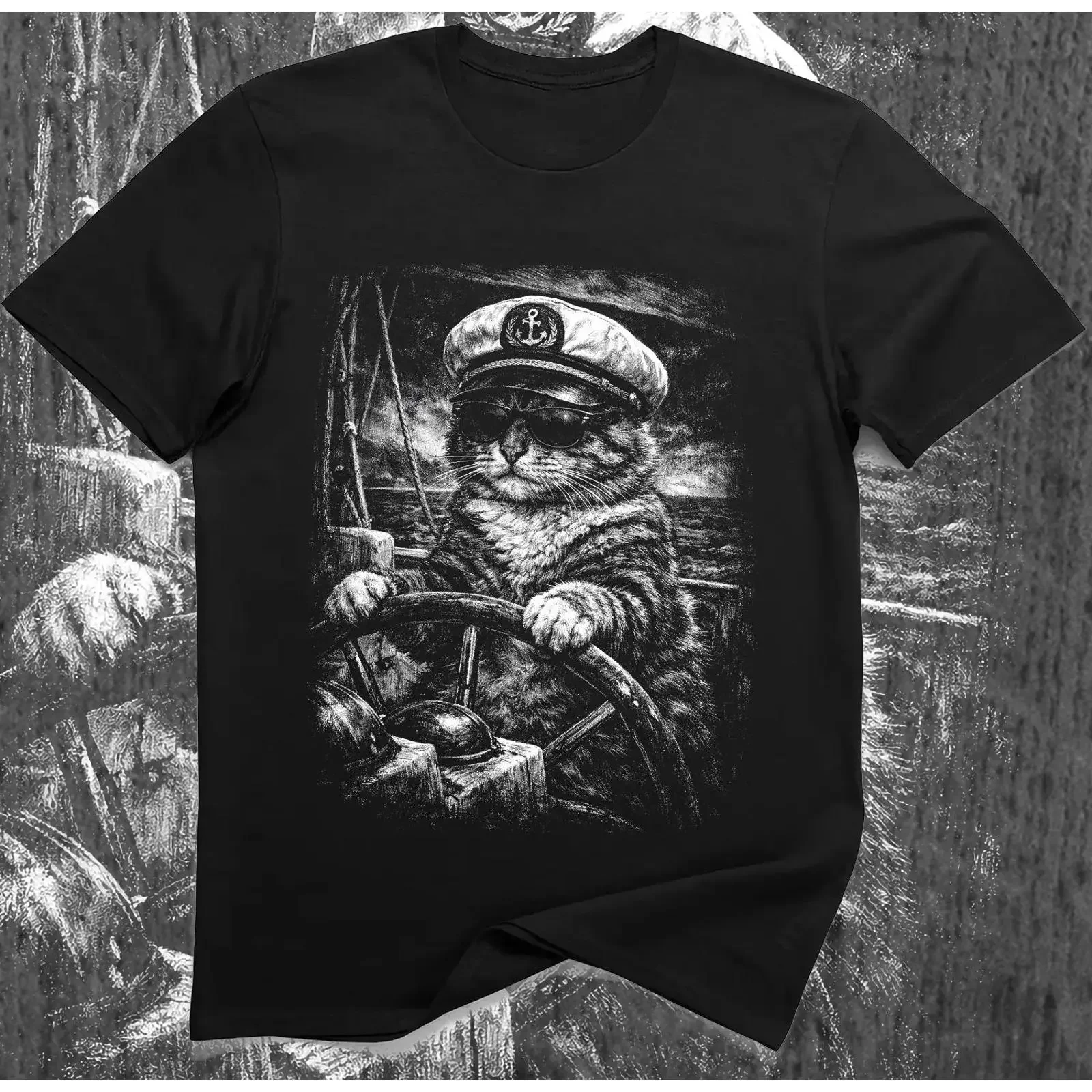 Nautical Sailor Cat Captain T Shirt Vintage Maritime Ocean Sailing  vintage Washed Casual Stretched designer clothes