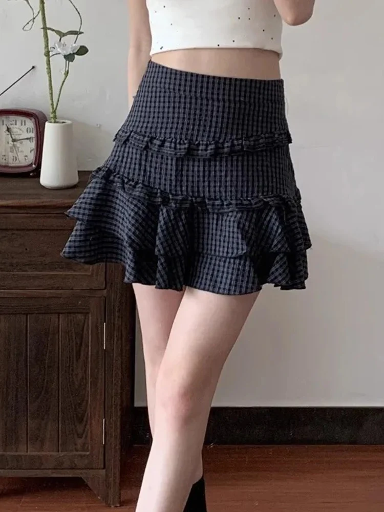 Spódnice w kratę damskie z wysokim stanem w stylu preppy vintage słodkie eleganckie modne falbany patchwork mini spódniczka damska codzienna