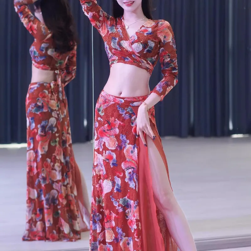 customized Pumpkin colored lace mesh double layered large swing skirt one-piece belly dance costume East