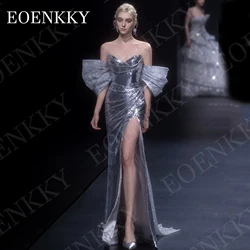 EOENKKY Elegant Sequin Evening Dress Luxury Off Shoulder Sparkly Mermaid Side Split Formal Party Dresses Silver Customized Women