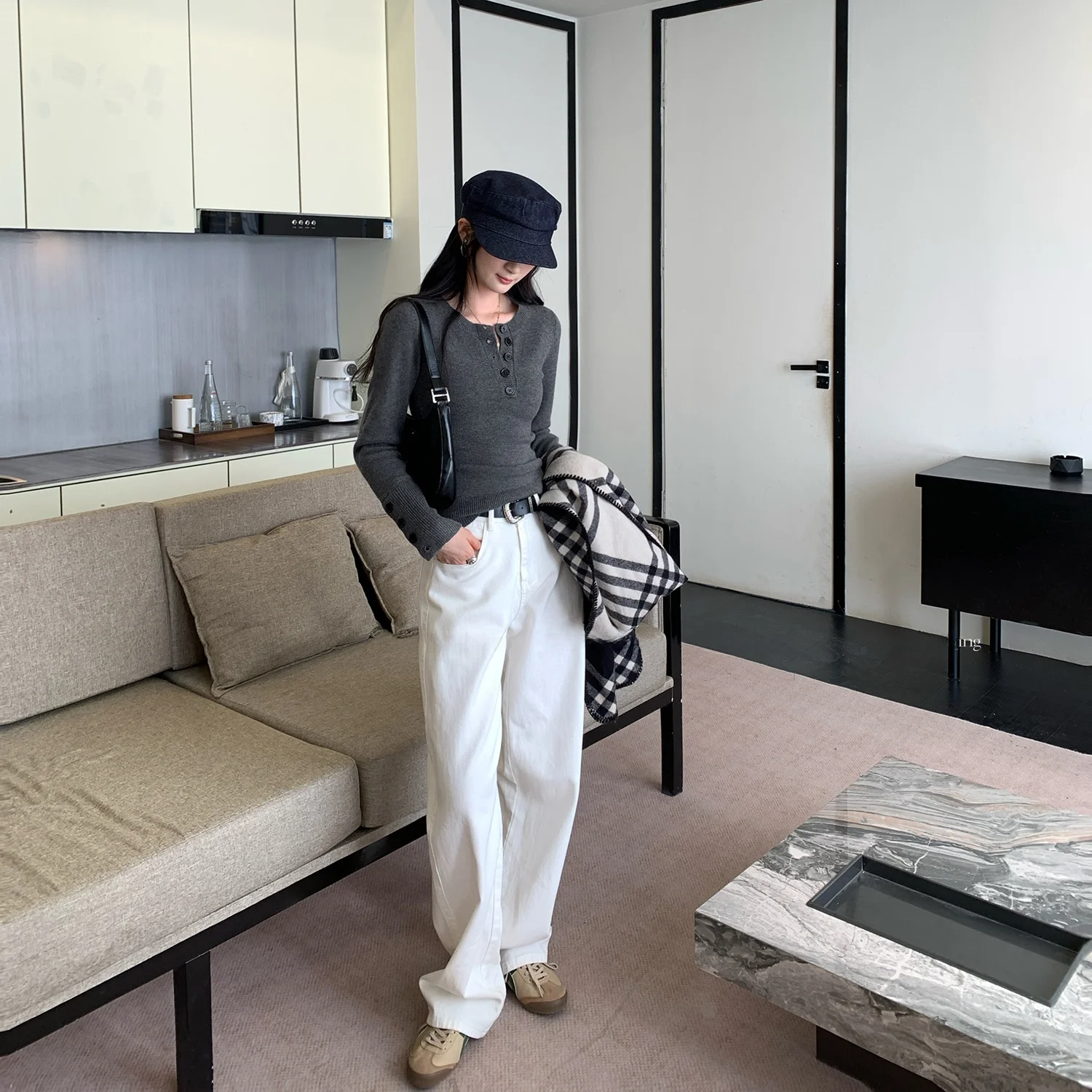 Sli f-Unbuttoned Base de punto irt Ropa interior adelgazante de otoño invierno para mujer Top suave francés Sle Long Sve redondo...