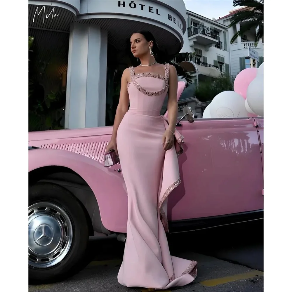 

Mila Pink Shiny Edge Curl Prom Dresses With Strap Sleeveless Customized Formal Evening Skinny Floor-Length vestidos de fiesta