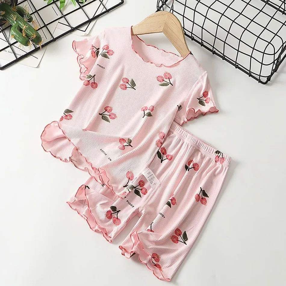 Summer Girls Pajamas Homewear Suit Ice Silk Cherry Print Cute Sets Thin Little Girl Short Sleeve Shorts Air Conditioned Clothing