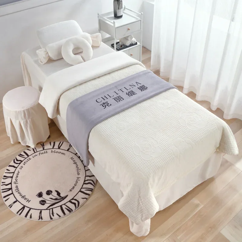 Camellia SPA Tuina Beddings, Milk Velvet 5pcs Bedding Sets for Beauty Salon Class A Massage Salon Club Bedskirt Cover