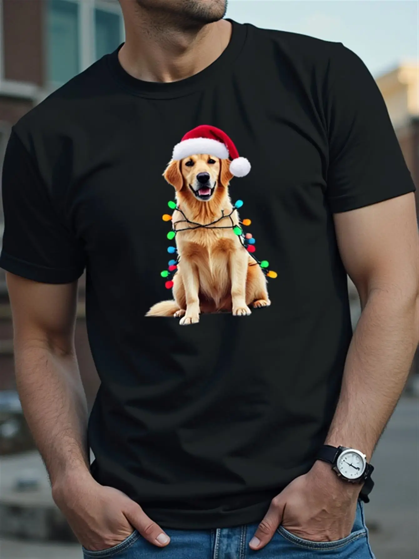 

Men's Christmas Golden Retriever Pattern T-Shirt Black Holiday Shirt with Christmas Hat and Light Design Soft Breathable Pure T-Shirt Suitable for Dog Lovers Casual Wear and Christmas Parties Ideal Gift for Pet Owners Holiday Casual Wear