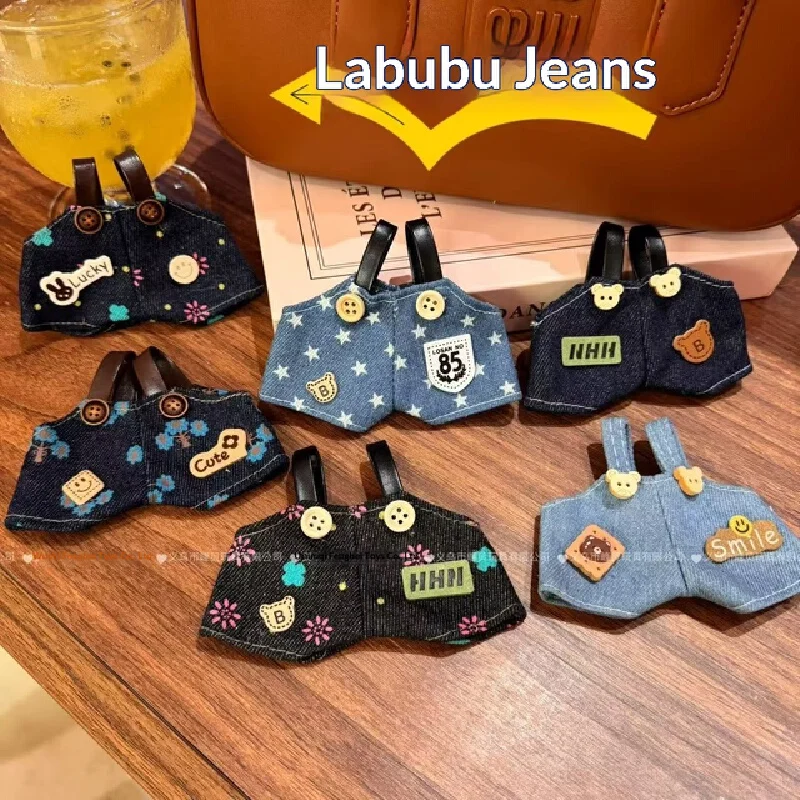 Labubu Denim Suspender Pants 17cm Cartoon Pattern Embroidered Doll Clothes For Labubu Plush Doll Dress Up Collectible Accessory