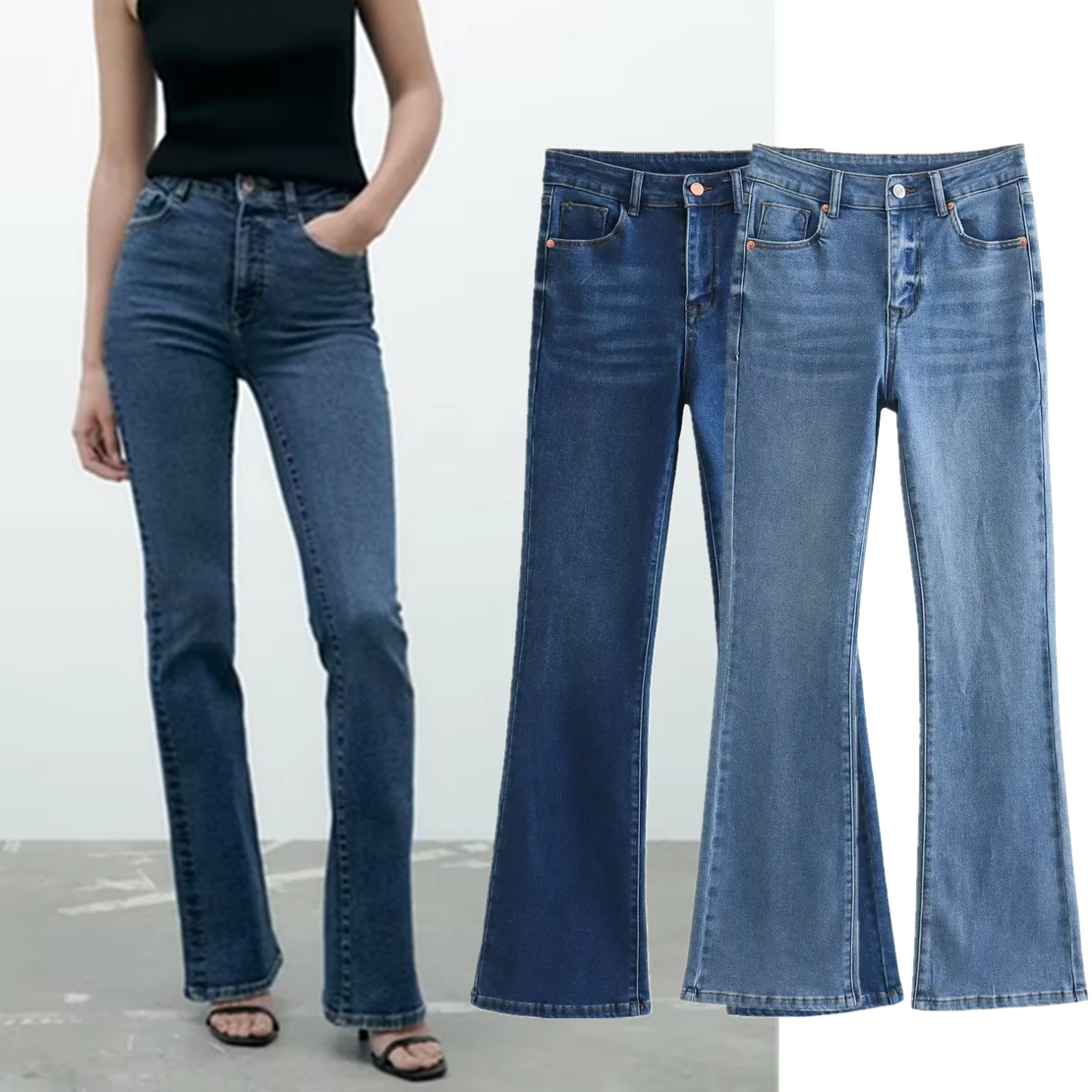 

Jenny&Dave American Retro Ladies Stretch Flare Denim Pants Women Fashion Washing High-Waist Jeans