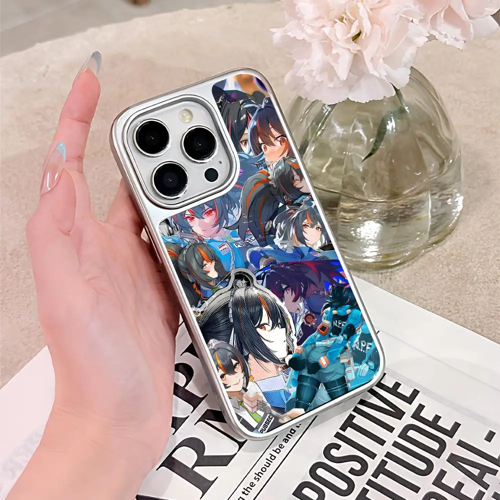 حافظة هاتف Zenless Zone Zero ZhuYuan لهاتف آيفون 17 16 15 14 13 12 11 Air Pro Max Plus غطاء ملون مطلي بالفضة فاخر #3