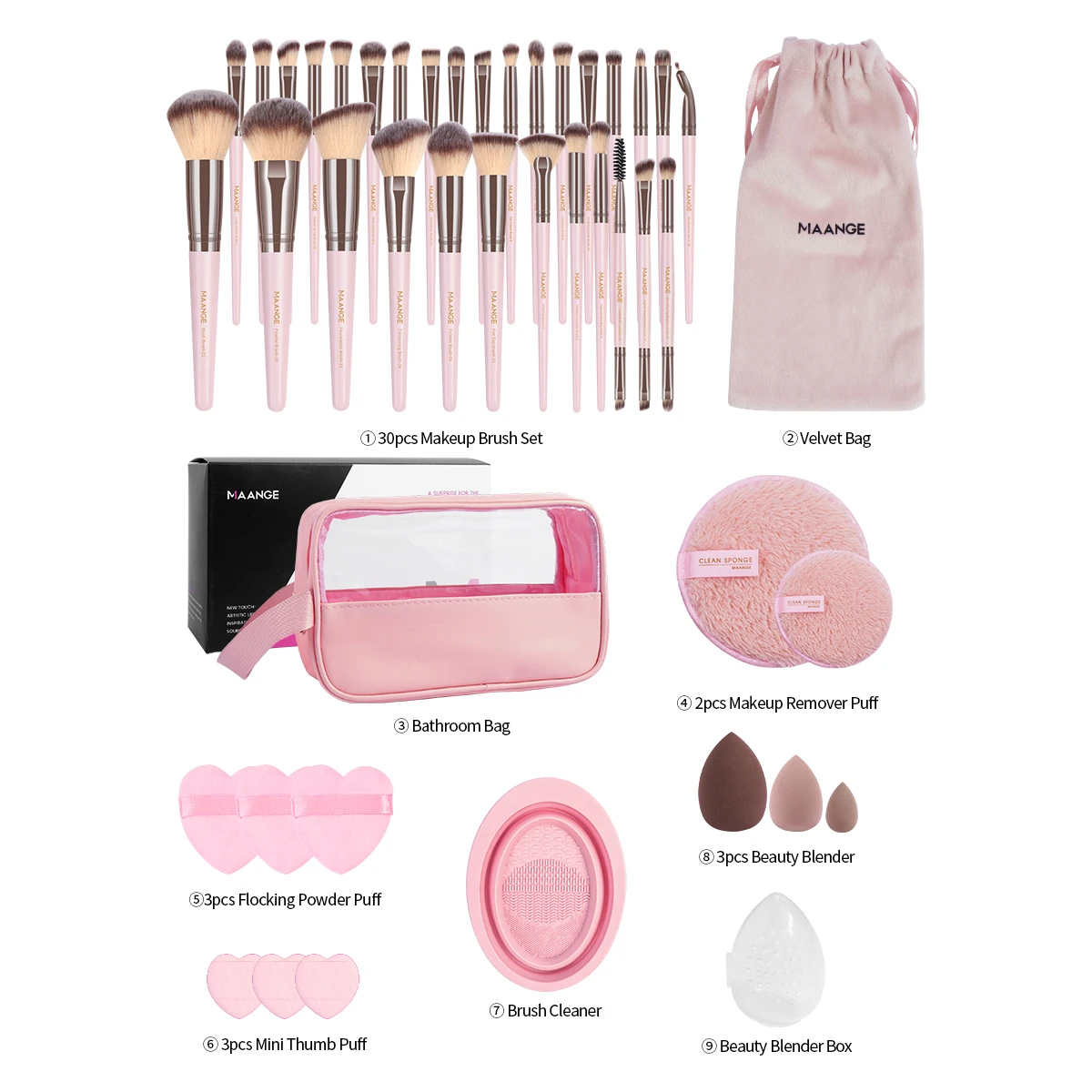 MAANGE 45pcs Pro Makeup Brushes Kit 30pcs Brush 1pc Velvet bag 9pcs Makeup Sponges Washing Storage Bag for Travel Gift Beginner