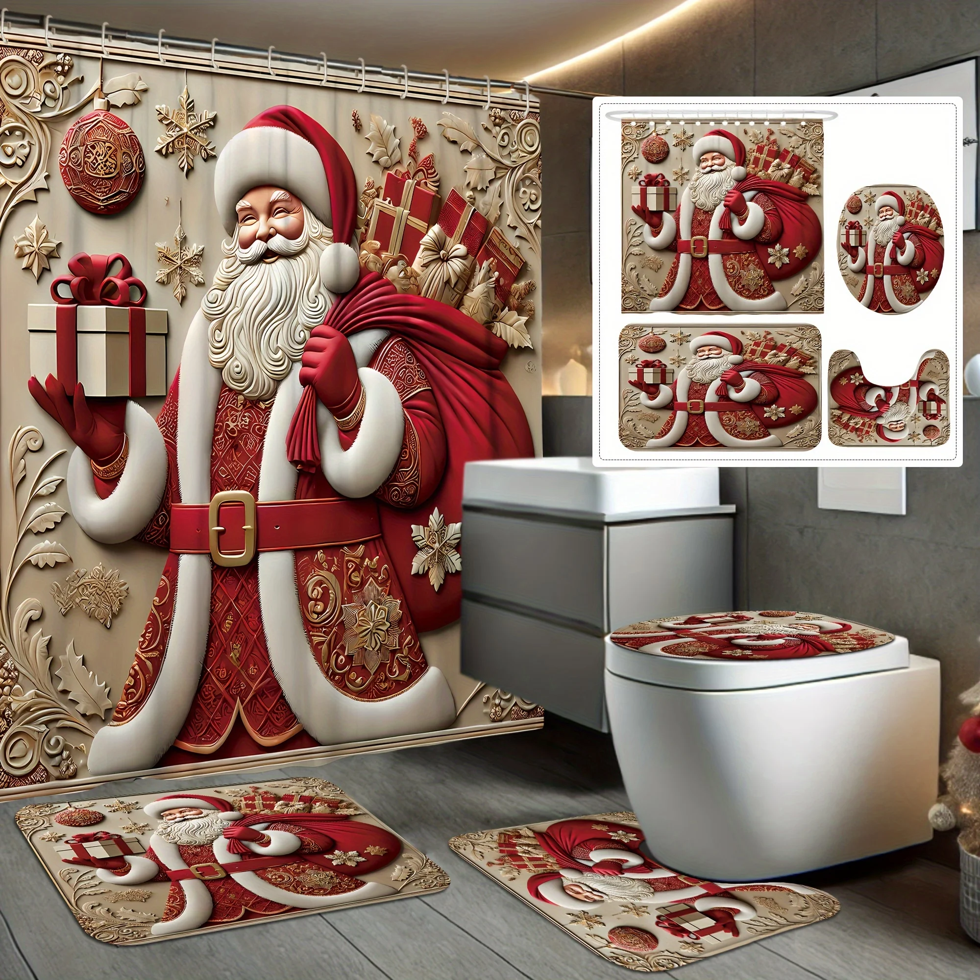 

4pcs Merry Christmas Shower Set, Green Tree Red Bow Pattern with Non-Slip Mat & Toilet Cover, Festive Bathroom Decor