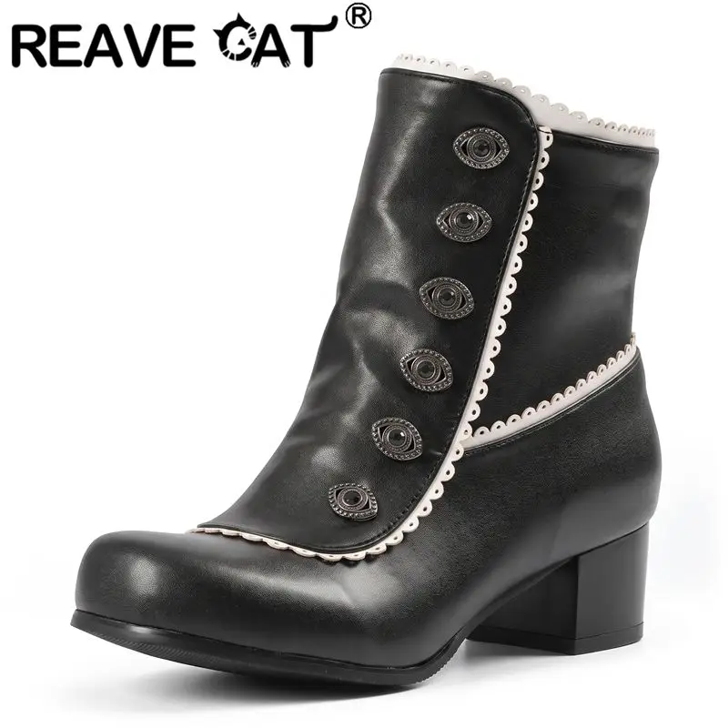 REAVE CAT Black Women Ankle Boots Round Toe 4.5cm Block Heel Zipper Plus Size 43 44 45 46 47 Classic Retro Handmade Daily Botas