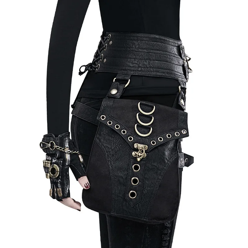 Steam Punk PU Leather Cool Motorcycle Women's Bag Retro Waist Bag Rivet Splicing Heavy Design Fashionable Travel Bag