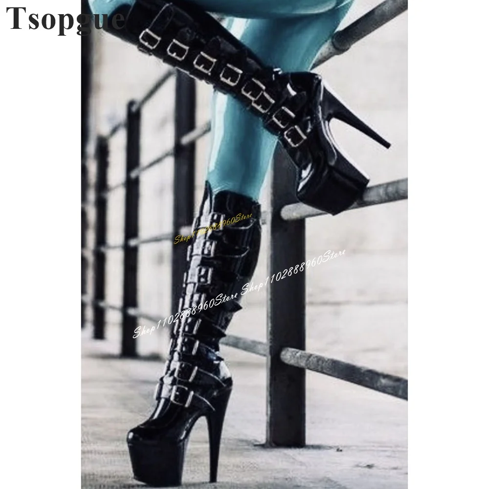 Knee High Black Buckle Strap Platform Knight Boots Thin High Heel Women Shoes Side Zipper Round Toe 2024 Zapatos Para Mujere