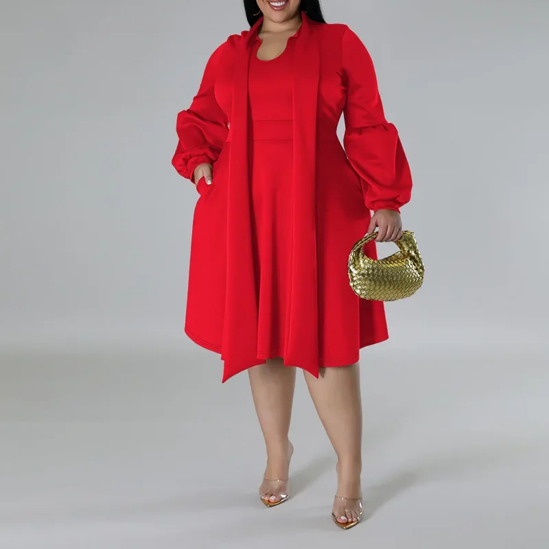 J8001- Large Women's Strap Neck Long Sleeve Bubble Sleeve Medium length Dress, Fat MM, Women's jumpsuit, Professional Dress