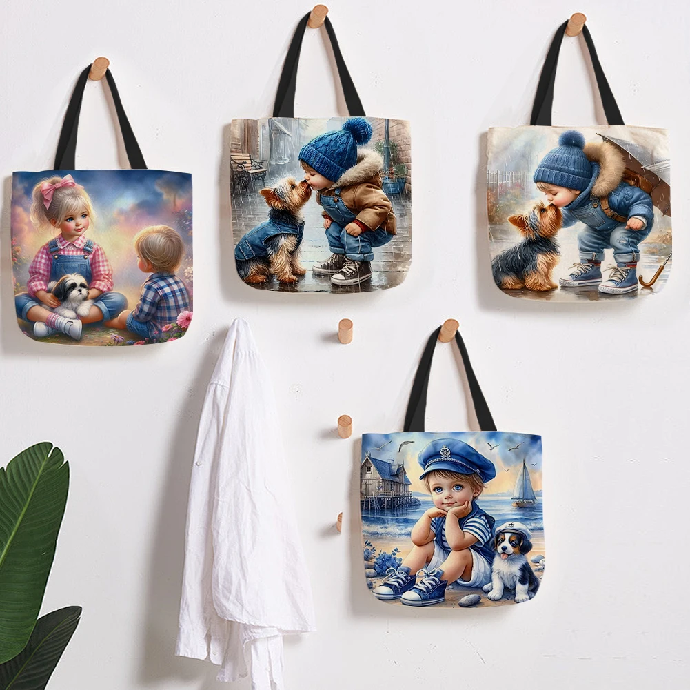 

4pcs Girl and Dog Linen Tote Bag Handbag Large Women Shopping Shoulder Bags