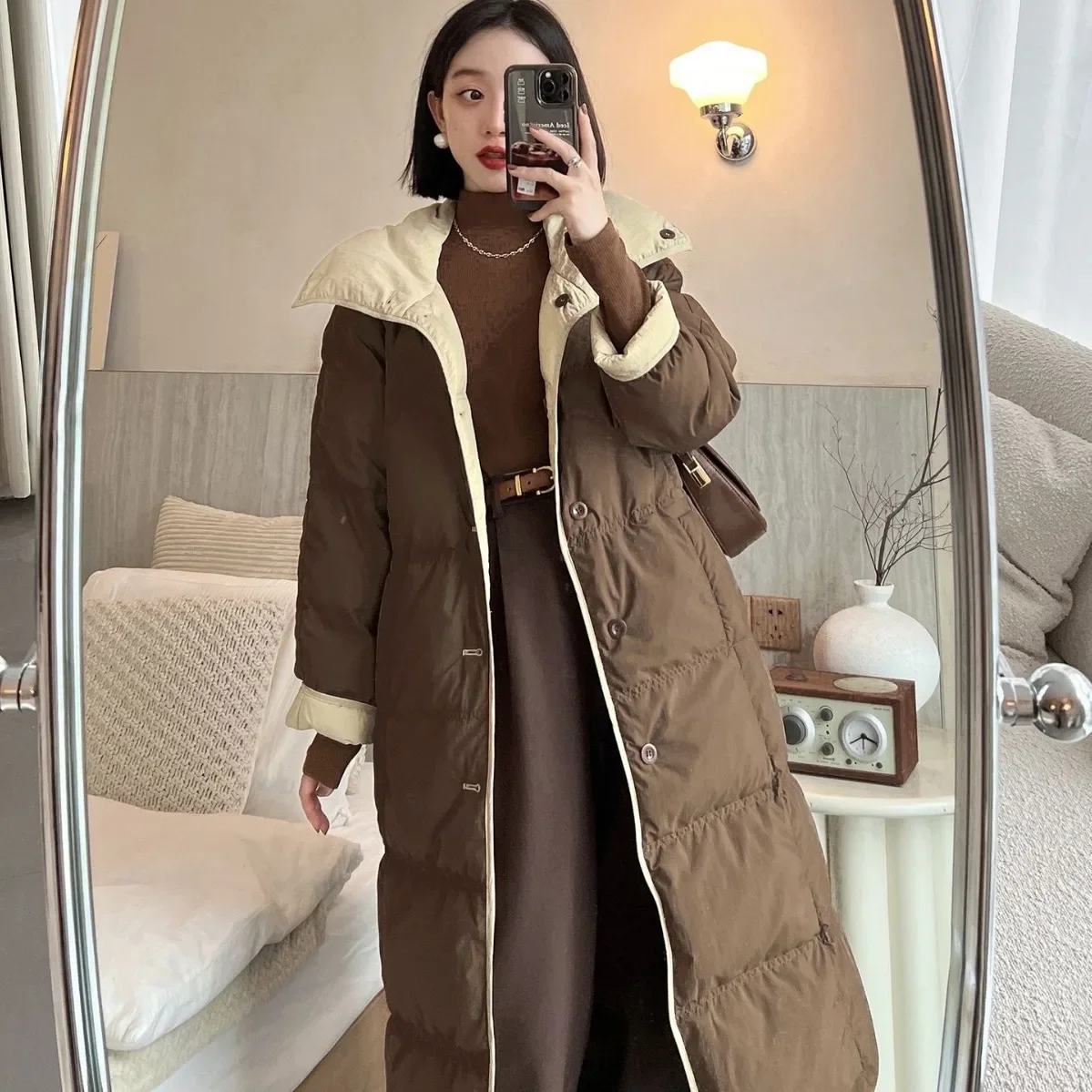 Two-side Wearing Down Jacket Women Mid-length Winter Color Collision Loose Warm Coat White Duck Down Thickened Casual Jacket