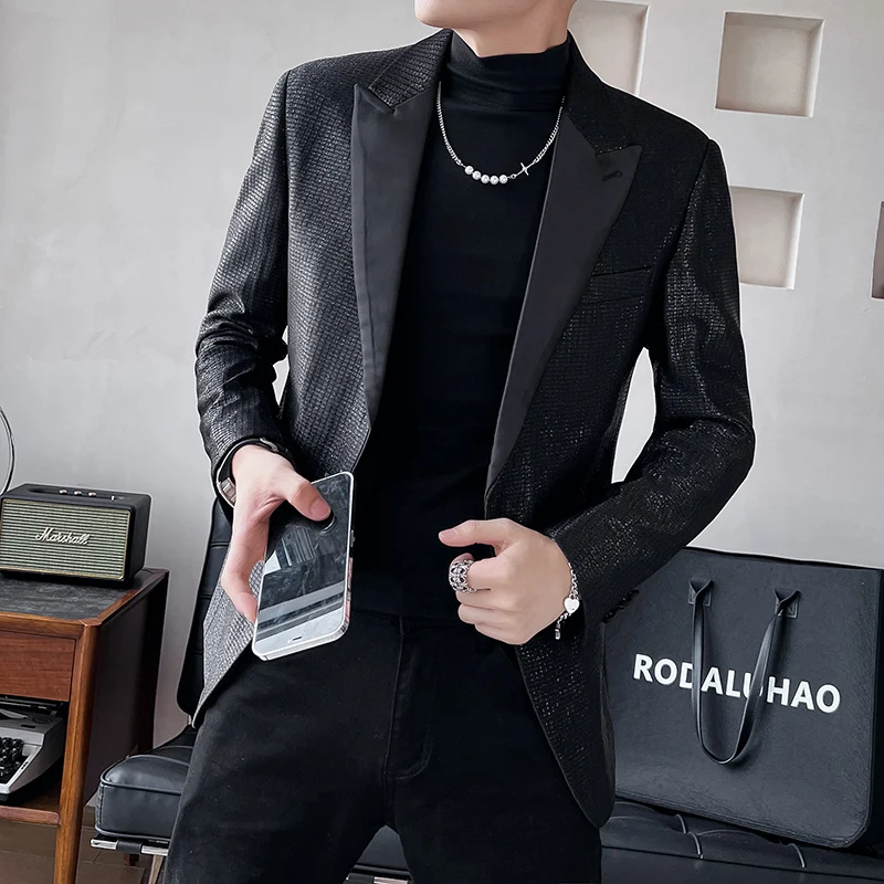 

brand autumn winter wear men suit tuxedo double breasted solid color checked dress Business club casual fashion fitted coat 3XL