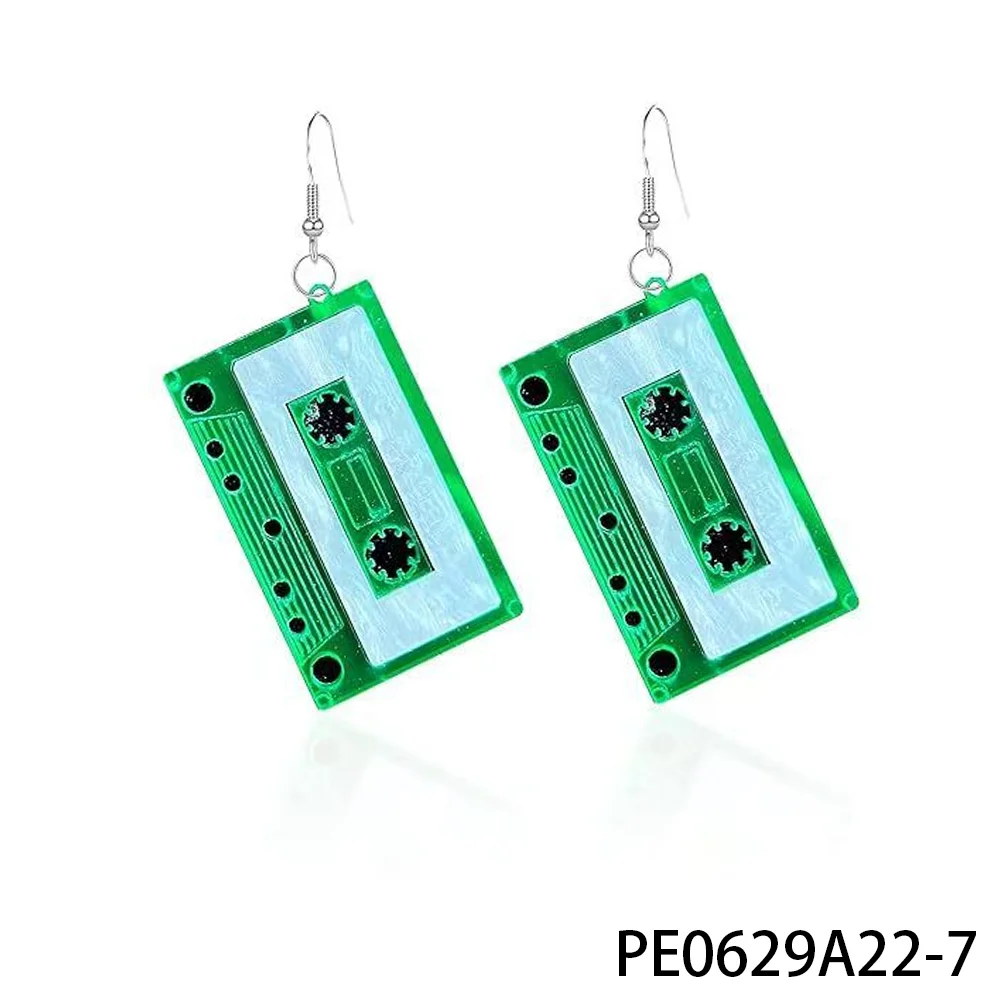 PESENAR 80s-Inspired Green Cassette Tape Earrings - Bold Vintage Fashion for Music Lovers
