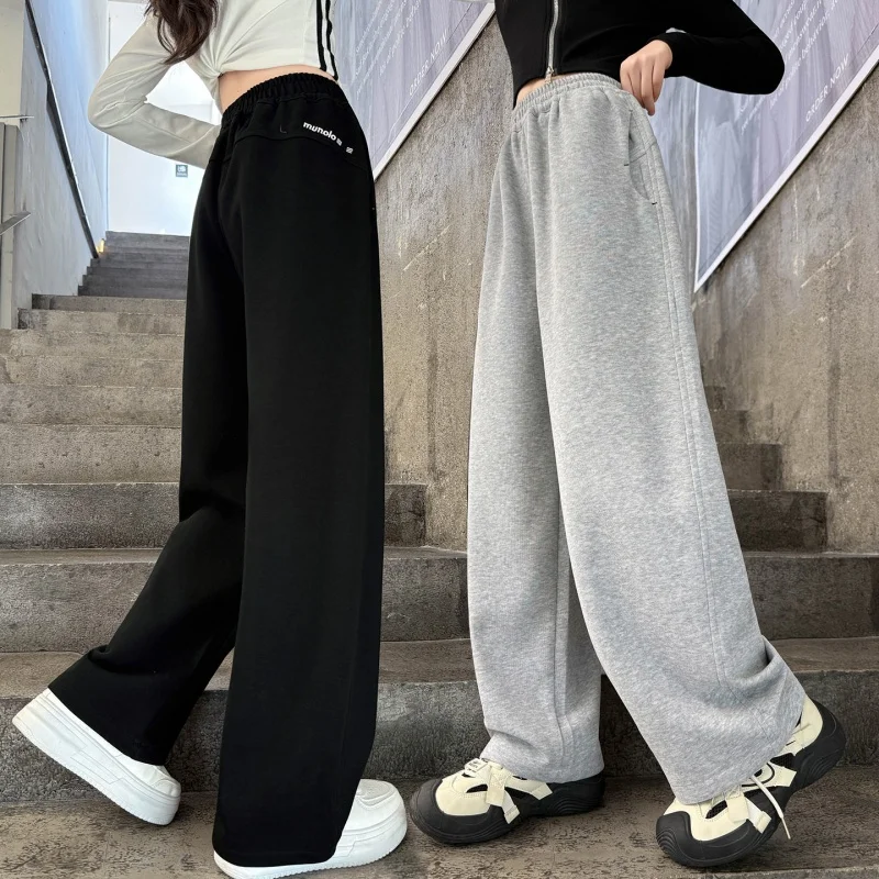 Spring Autumn Kids Girls Sporty Sweatpant Pure Cotton Junior Girl Sports Track Pants Loose Elastic Waist School Child Trousers