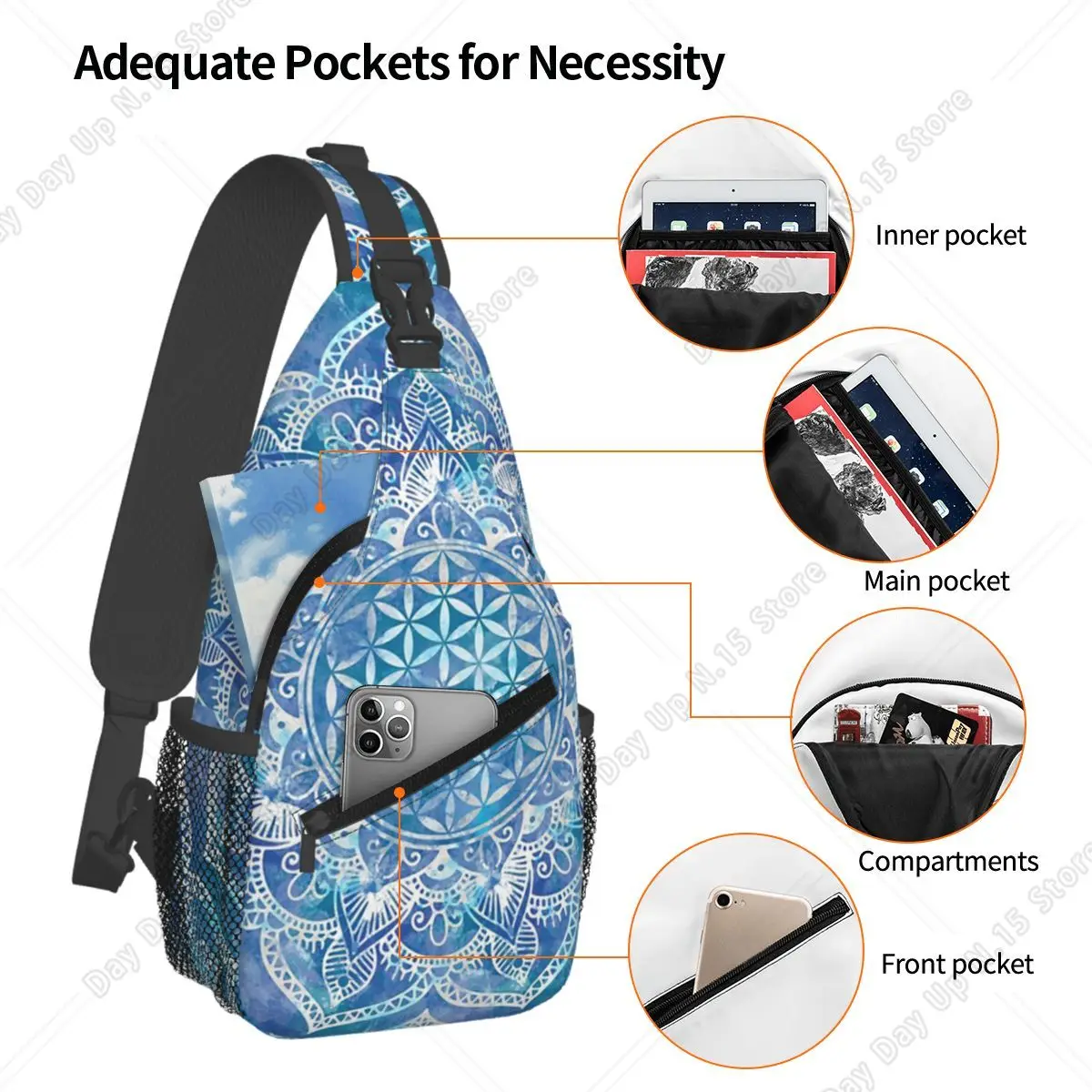 Mandala Flower Of Life In Lotus Chest Bag Men Sling Crossbody Backpack Chest Bag Traveling Hiking Daypack Shoulder Bag