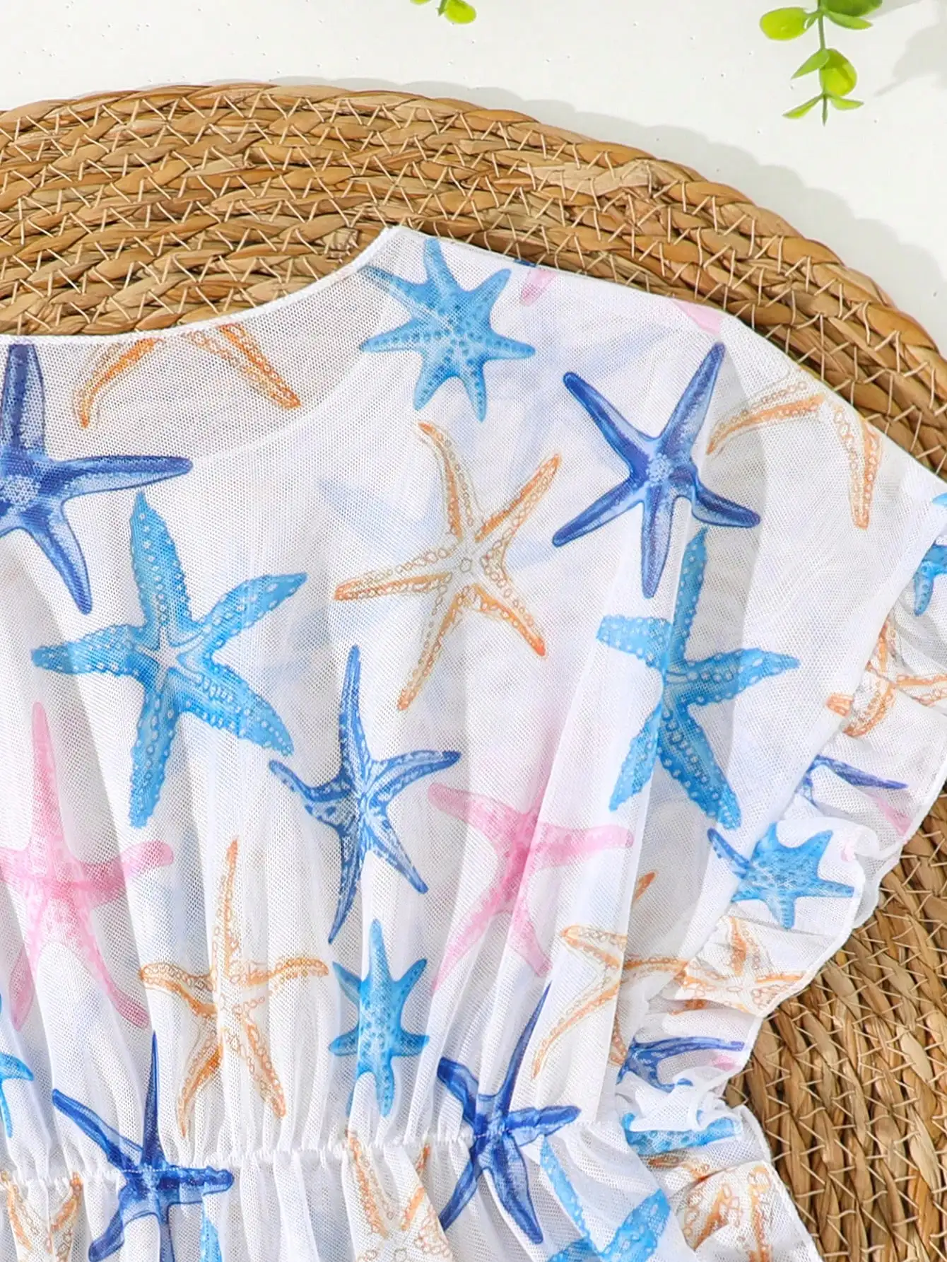 

Women's Starfish Print Ruffled Hem Beach Cover Up Dress
