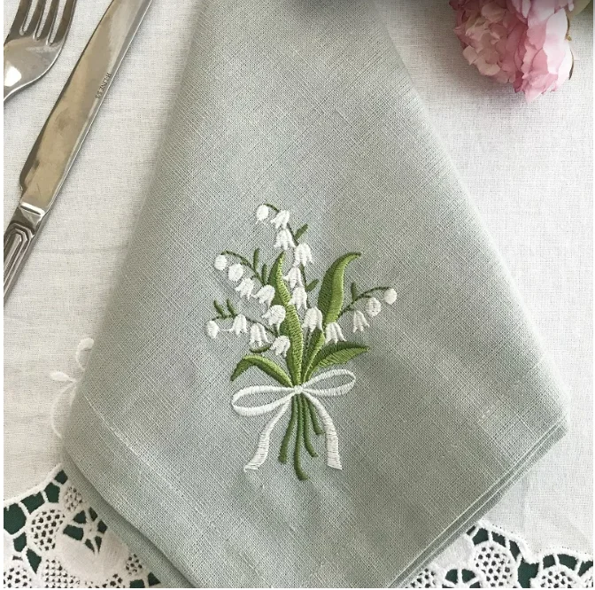 @RD2207, Lily of the valley, Flower Embroidered linen cotton, Napkin, table mats, Weddin, Hotel, airbnb, restaurant 46x46cm