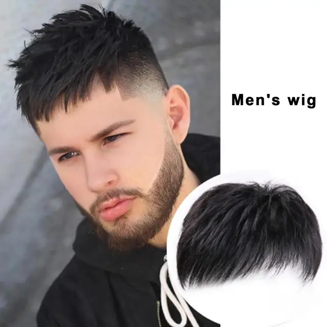 13cm Mężczyźni Krótki Prosty Topper Hairpiece Z Grzywką Plamy Szare Włosy Pokrycie Naturalne Męskie Czarne Peruki Syntetyczne Włosy Peruka Dostawa