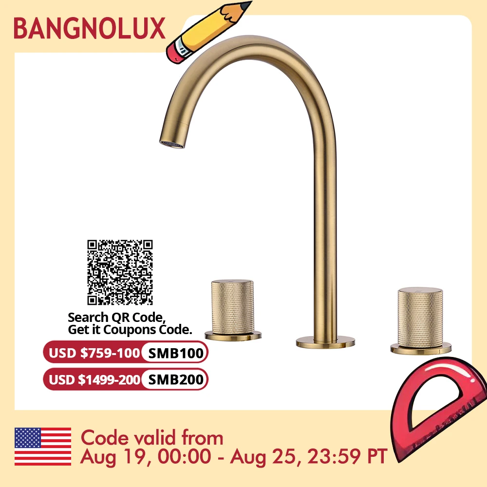 Basin Mixer Water Bathroom Sink Faucet Brushed Gold Brass Deck Mounted Dual Holder Three Hole Mixed Cold And Hot