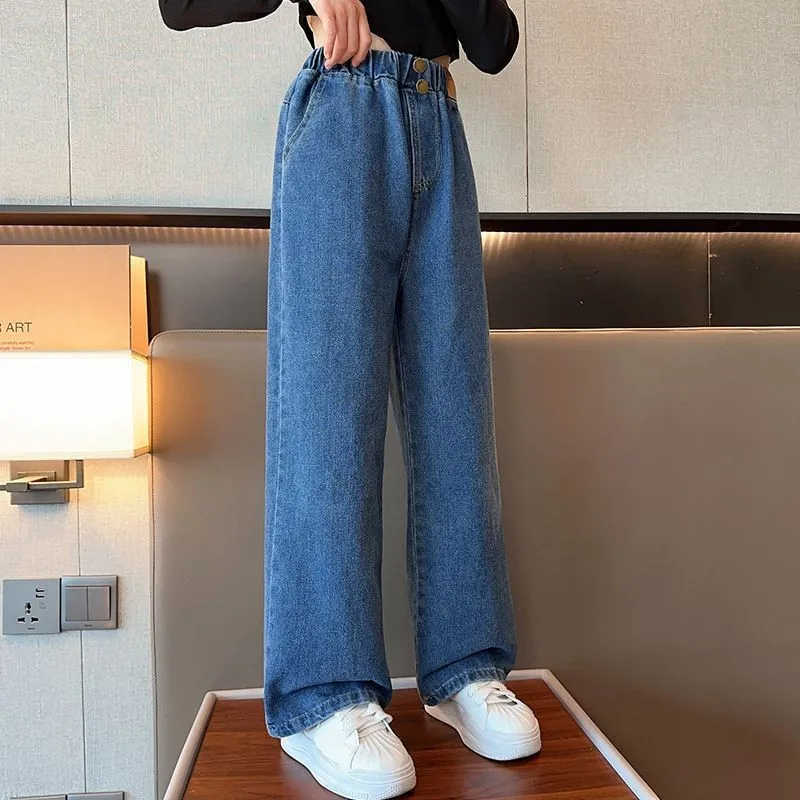 Spring Autumn Girls Straight Jeans Solid Color Wide Leg Loose Denim Pants Fo Teen Girls Casual Trousers  4 5 6 8 10 12 14 Years