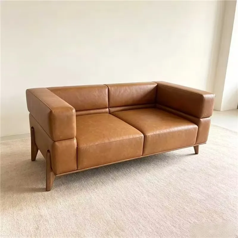 &For Modern Style Caramel Colour Oil-wax PU Sofa Top-grain Cowhide Small Apartment Living Room Hotel Glossy High-leg Set