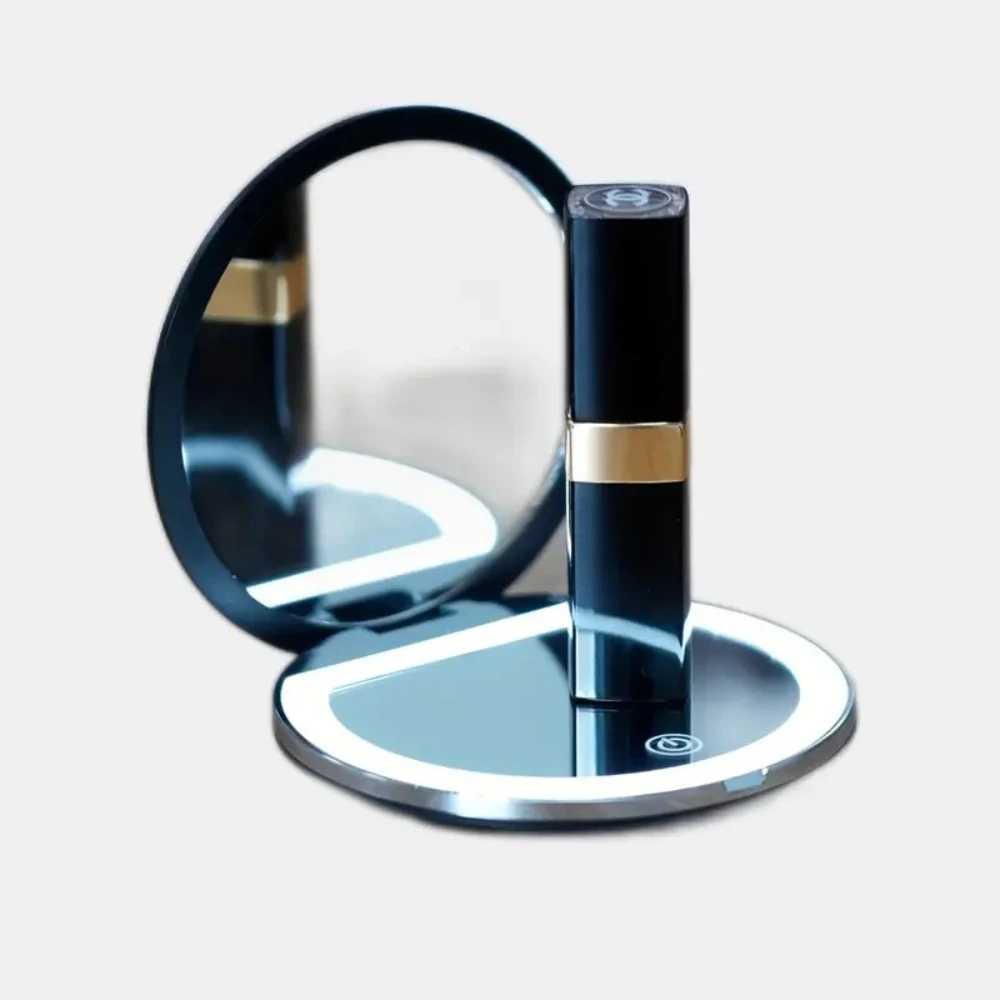 مرآة مكياج LED قابلة لإعادة الشحن مع ضوء عاكس للضوء، تكبير 2X/5X، تصميم مدمج قابل للطي، مثالية للسفر والمنزل والمحافظ