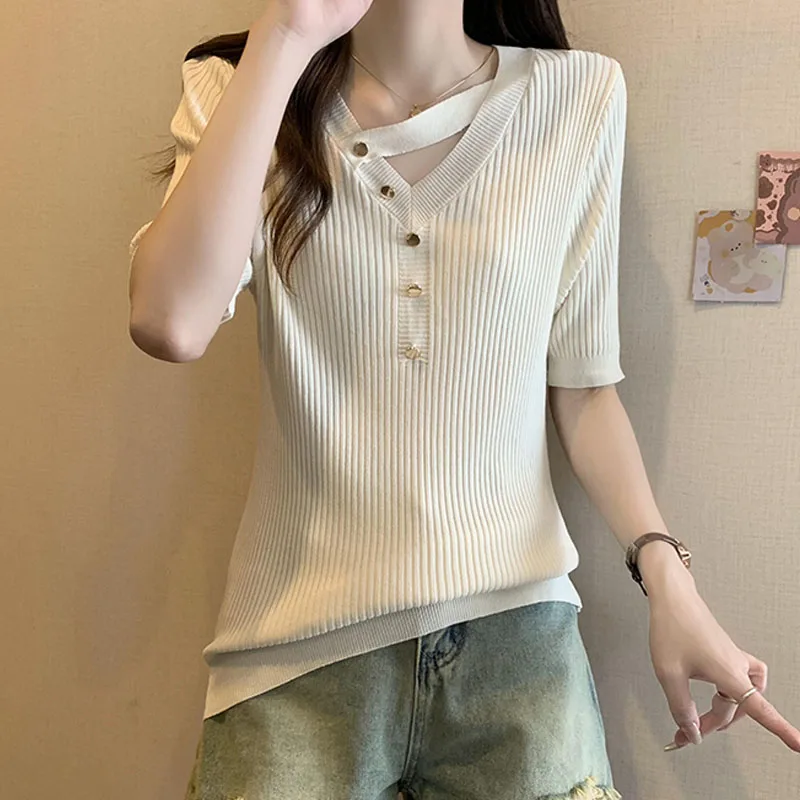 

Вязаный свитер, женские пуловеры Sueter Feminino, новый вязаный свитер с v-образным вырезом, пуловер, женские топы, черный трикотаж с короткими рукавами Q2737