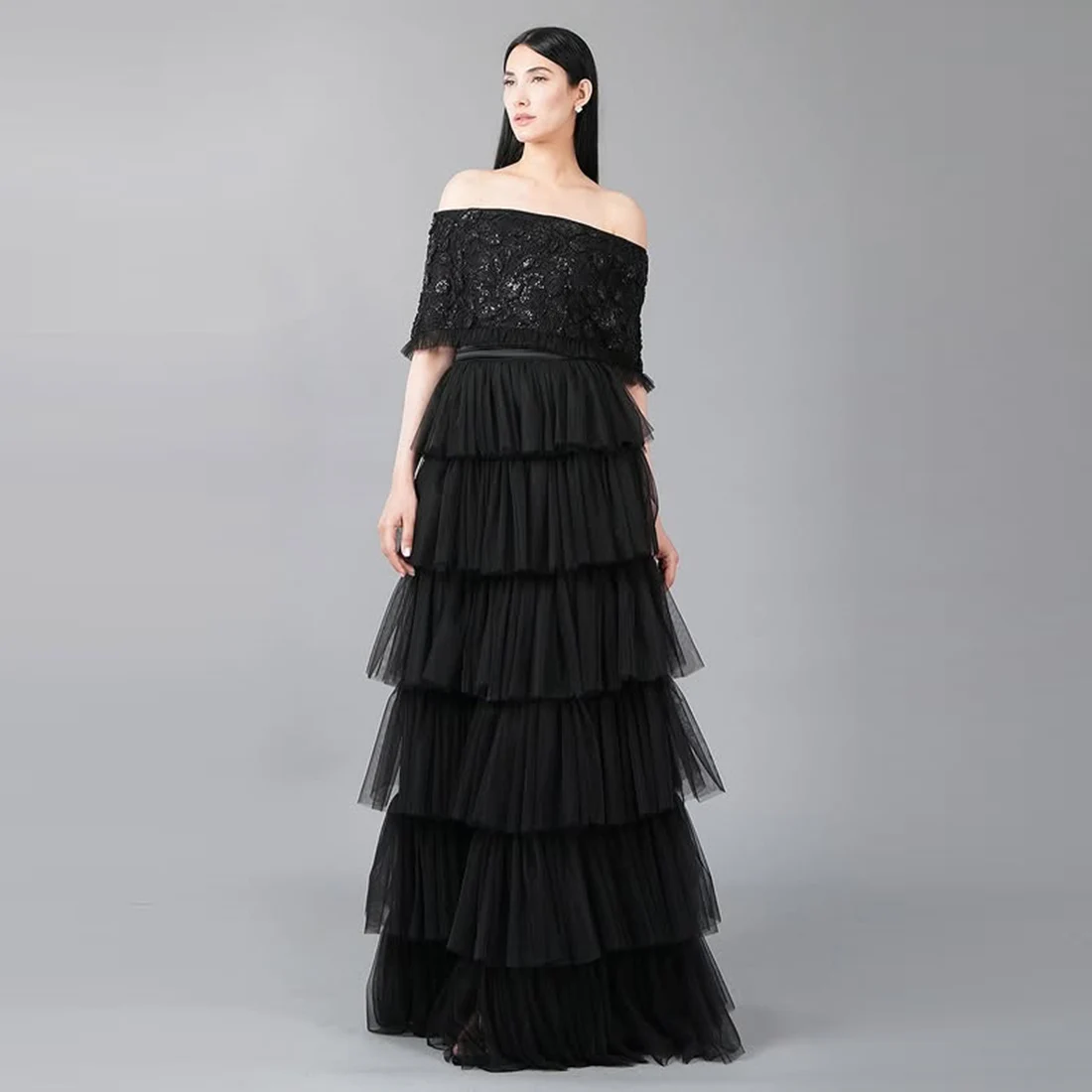 

Черная длинная юбка из тюля с многоярусной юбкой-трапецией, длиной в пол, с высокой талией, для вечеринок, на заказ, любой цвет и размер, для свадеб и торжеств