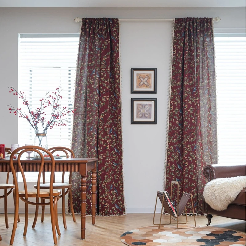 Curtain Red Holiday Flower Bird Jacquard Fringe Curtains Finished Kitchen Valance Bay Window Semi-blackout Bedroom Curtain