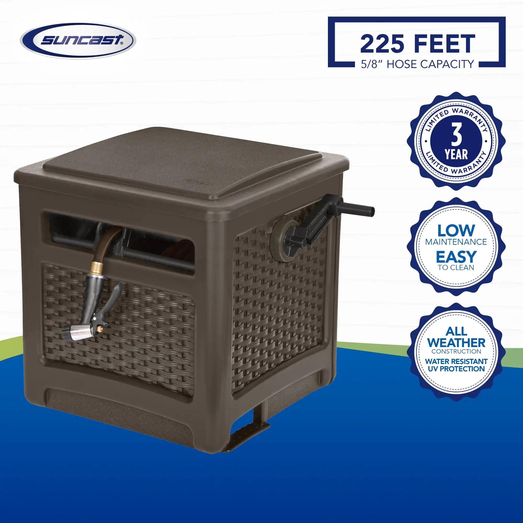 Guia de carretel de mangueira de jardim de vime Smart Trak de 225 pés e ocultar, Java Brown