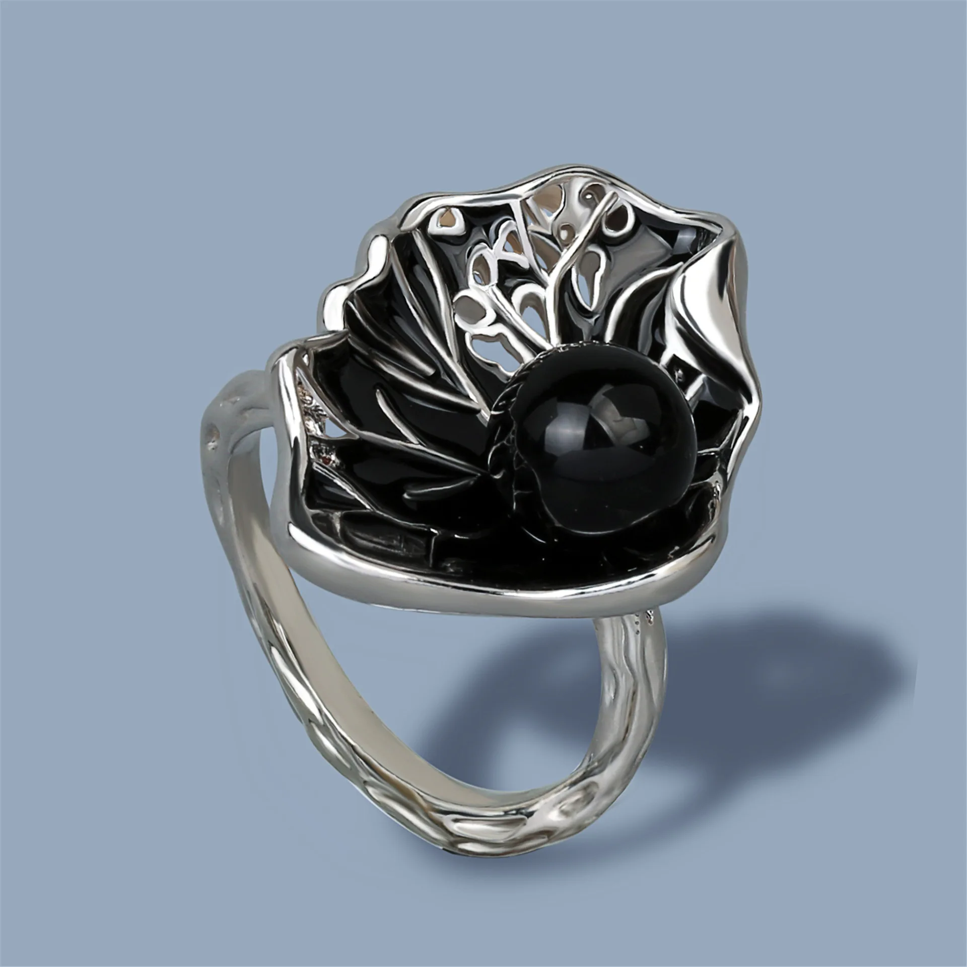 Retro Do Old Style Unique Design Lotus Leaf Modeling Inlaid Agate Drop Glue Chinese Style Hand Jewelry Female Ring Party Gift