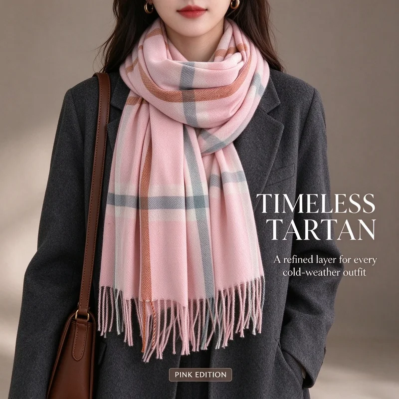 Korean-style plaid scarf for women, autumn and winter, soft pink plaid, thickened long shawl with tassels, creating a stylish