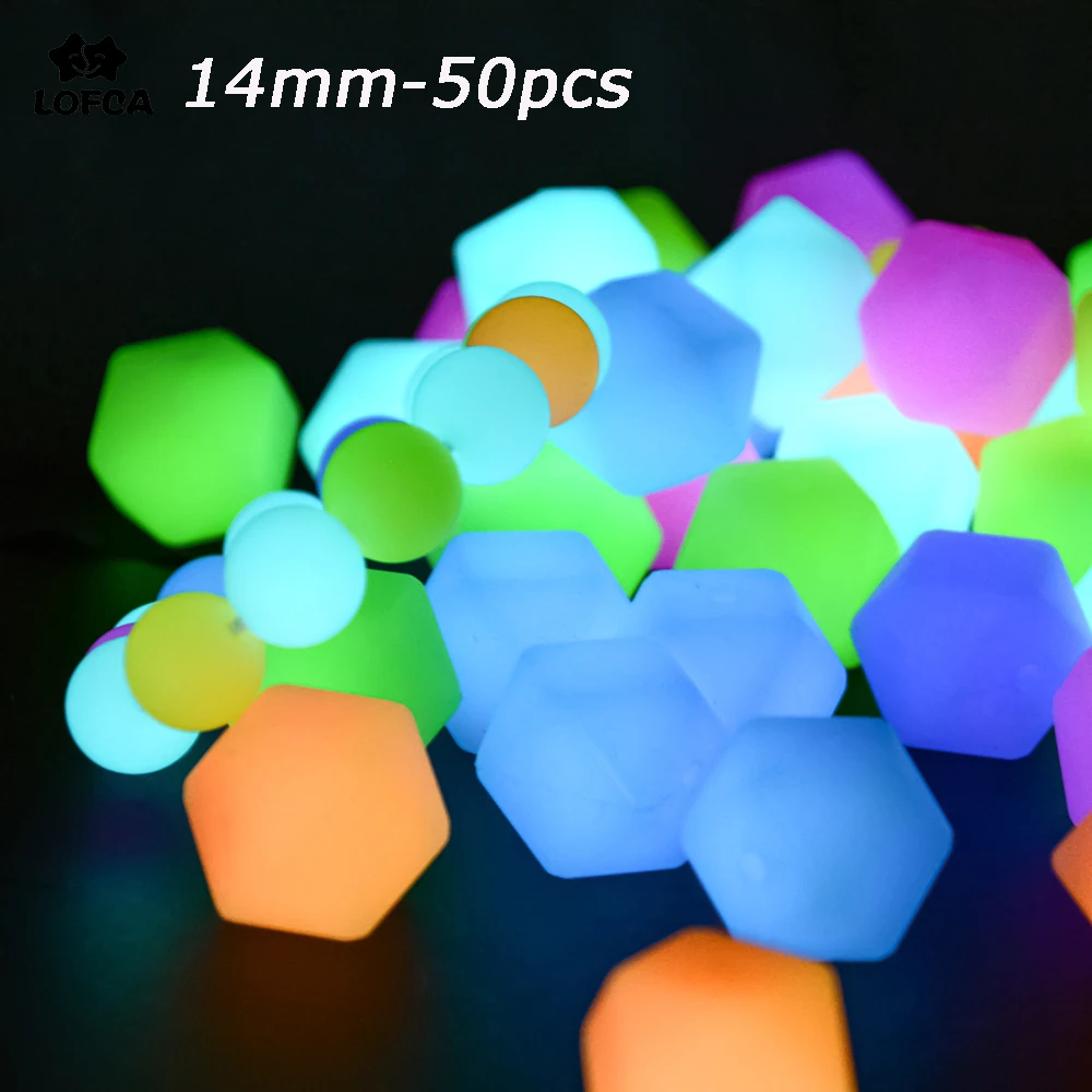 

LOFCA 14mm-50pcs Luminous Mini Hexagon Beads Food Grade Silicone Glows At Night Suitable For Babies Over 4 Months